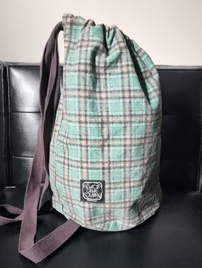 Vtg Newport Canvas Company Plaid Drawstring Backpack Bag 80s 90s Made in USA